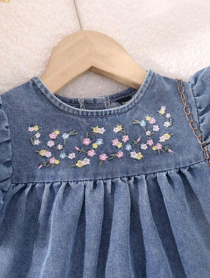 Flutter Sleeve Denim Dress with Floral Embroidery