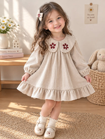 Beige Ruffle Hem Dress with Embroidered Collar
