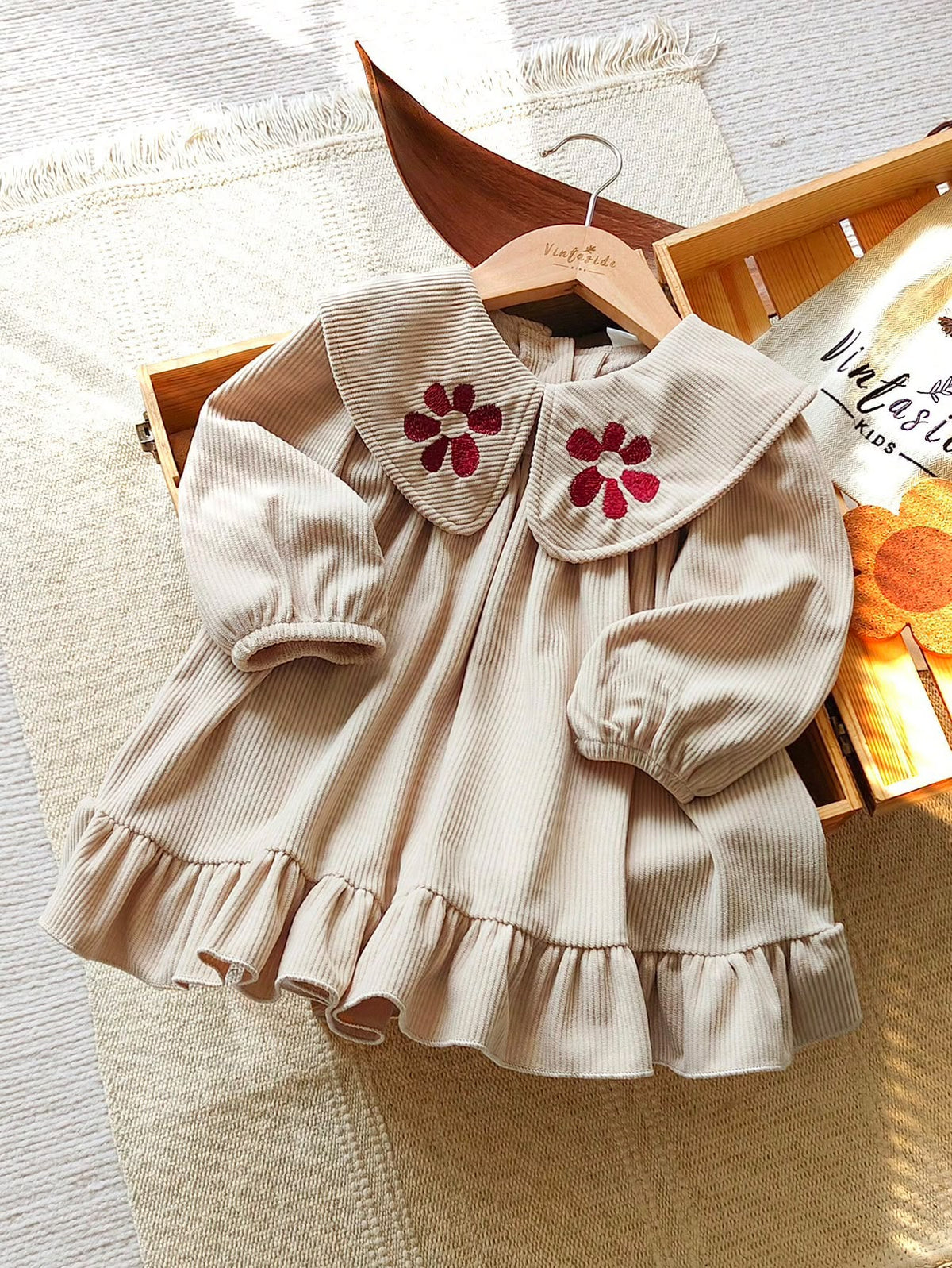 Beige Ruffle Hem Dress with Embroidered Collar
