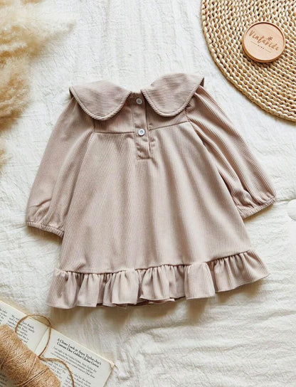 Beige Ruffle Hem Dress with Embroidered Collar