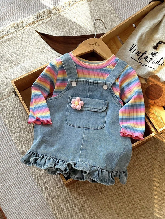 Denim Pinafore Dress & Rainbow Striped Top (2 pcs set)