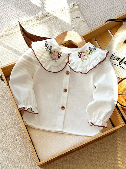 White Cotton Blouse with Embroidered Ruffle Collar