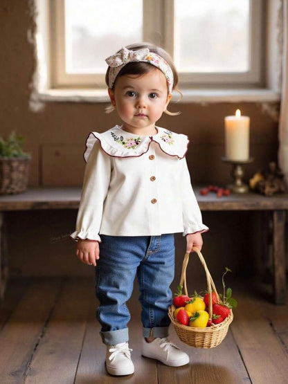 White Cotton Blouse with Embroidered Ruffle Collar