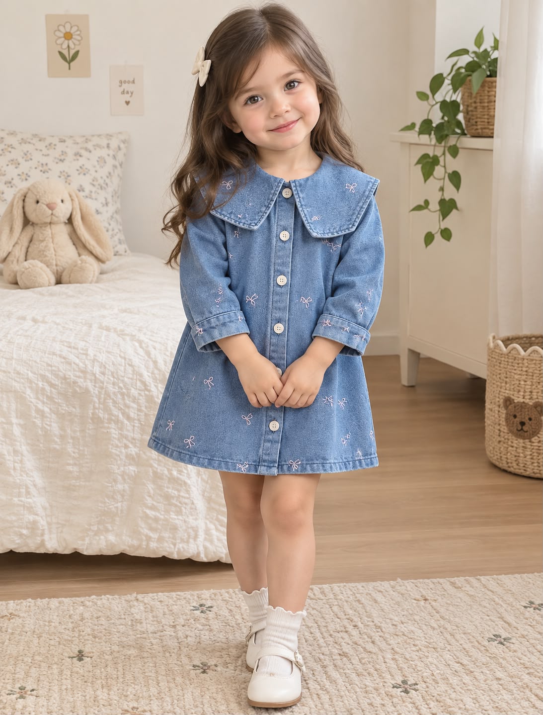 Sailor Collar Denim Dress with Long Sleeves