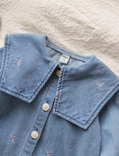Sailor Collar Denim Dress with Long Sleeves