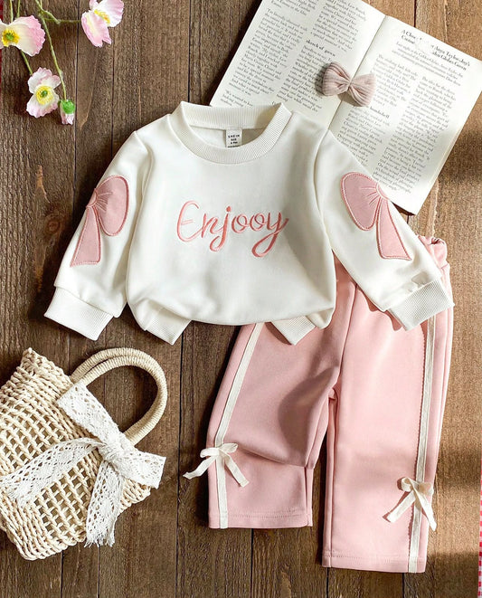 Cream "Enjoy" Sweatshirt & Pink Knit Pants (2 pcs set)