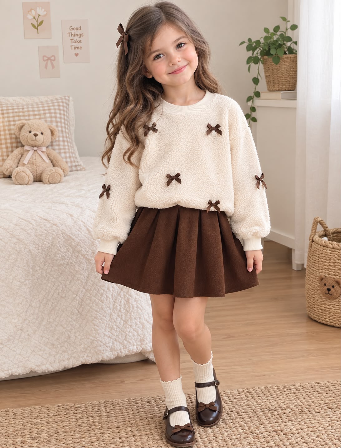 Cream Bow Sweatshirt & Brown Pleated Skirt (2 pcs set)