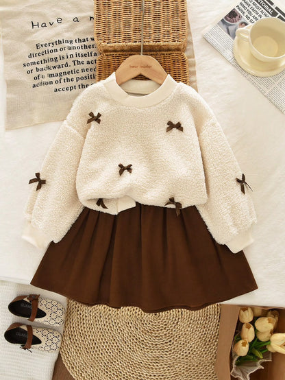 Cream Bow Sweatshirt & Brown Pleated Skirt (2 pcs set)