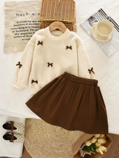 Cream Bow Sweatshirt & Brown Pleated Skirt (2 pcs set)