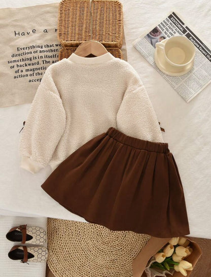 Cream Bow Sweatshirt & Brown Pleated Skirt (2 pcs set)