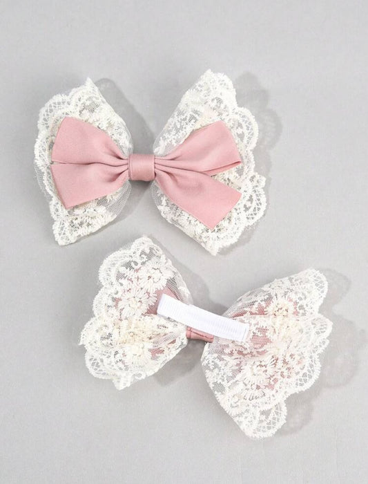 Pink Bow Lace Hair Clips (2 pcs set)