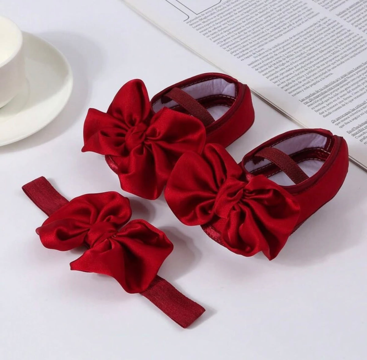 Red Satin Bow Baby Shoes & Headband (2 pcs set)
