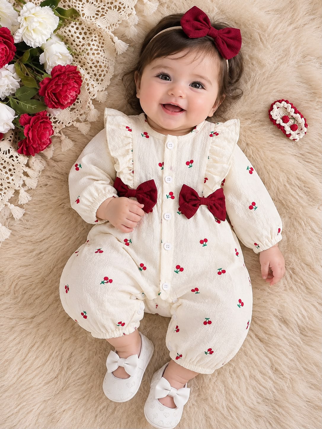 Cherry Print Baby Jumpsuit & Headband (2 pcs set)