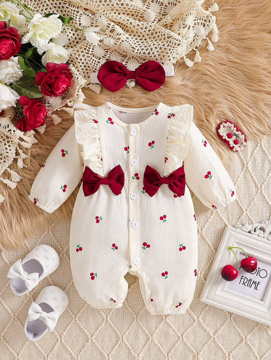 Cherry Print Baby Jumpsuit & Headband (2 pcs set)