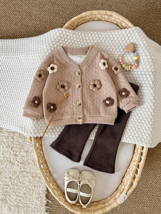 Tan Flower Jacket & Brown Flare Pants (2 pcs set)