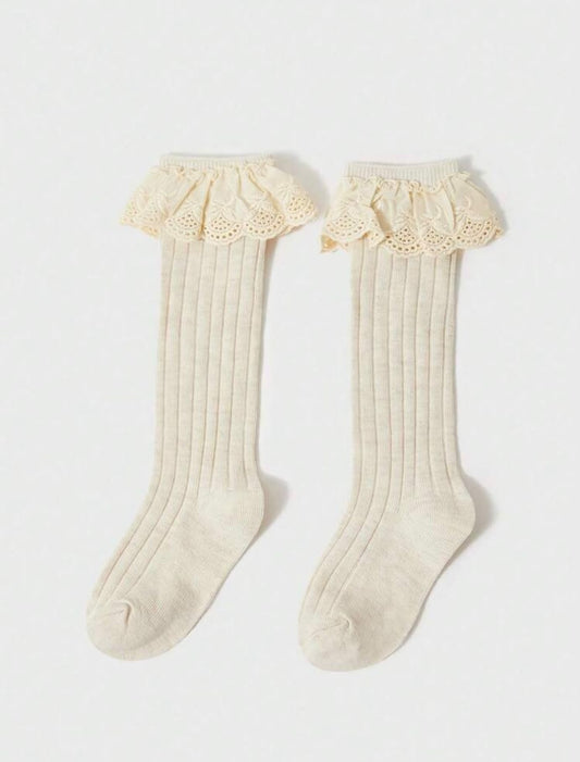 Cream Lace Ruffle High Tube Socks
