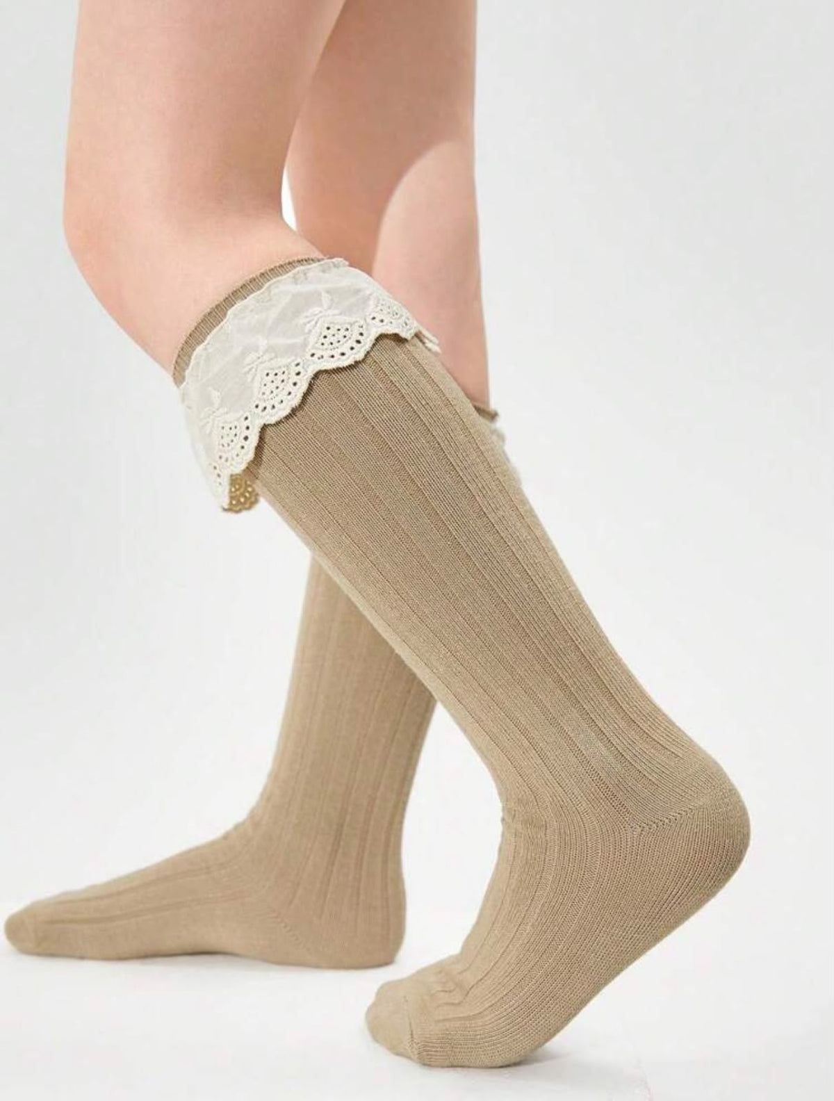 Tan Lace Ruffle High Tube Socks