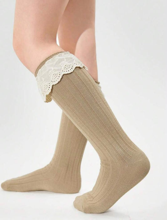 Tan Lace Ruffle High Tube Socks