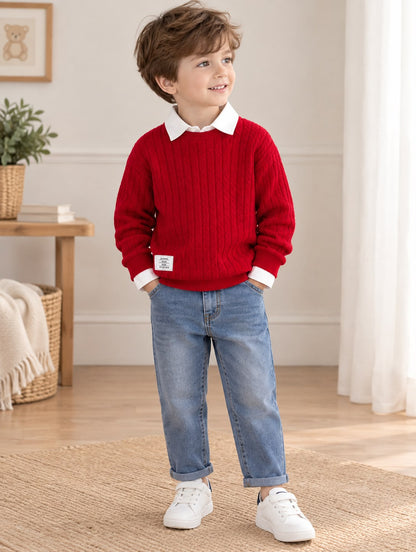 Red Knit Shirt & Denim Pants (2 pcs set)