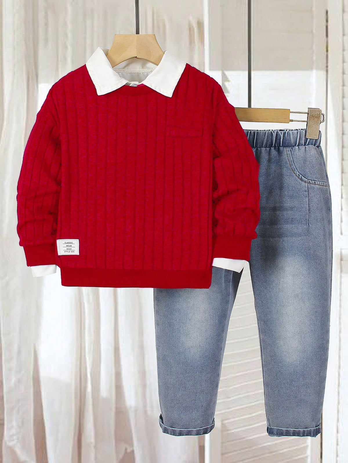 Red Knit Shirt & Denim Pants (2 pcs set)