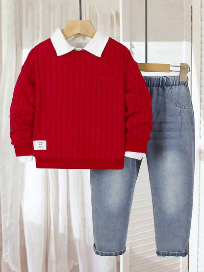 Red Knit Shirt & Denim Pants (2 pcs set)