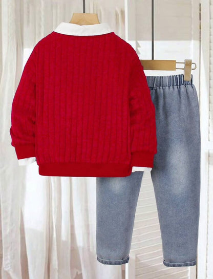 Red Knit Shirt & Denim Pants (2 pcs set)