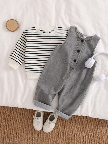 Striped Thermal Sweatshirt & Grey Denim Jumpsuit (2 pcs set)
