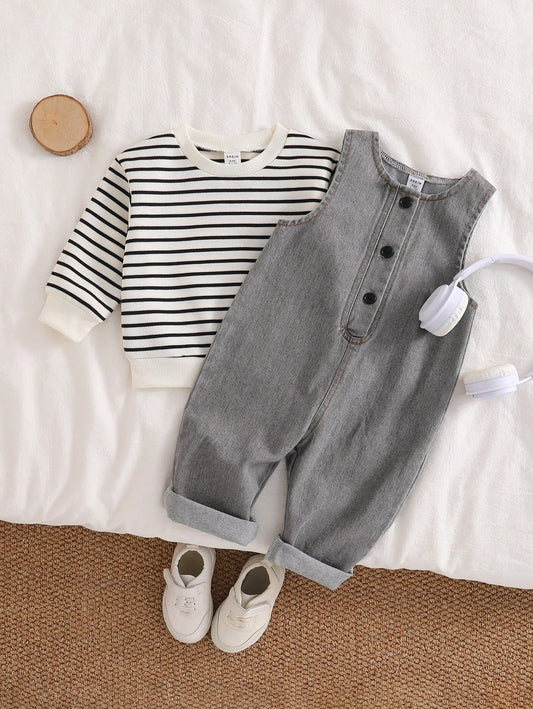 Striped Thermal Sweatshirt & Grey Denim Jumpsuit (2 pcs set)