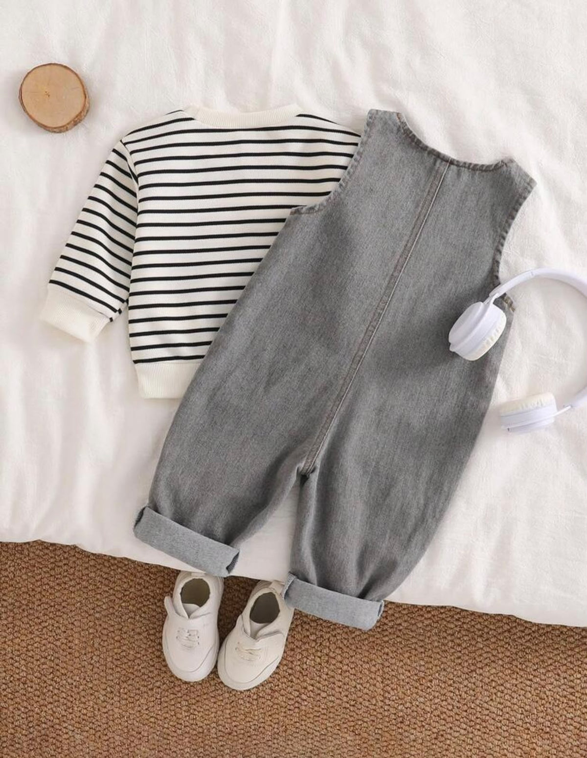 Striped Thermal Sweatshirt & Grey Denim Jumpsuit (2 pcs set)