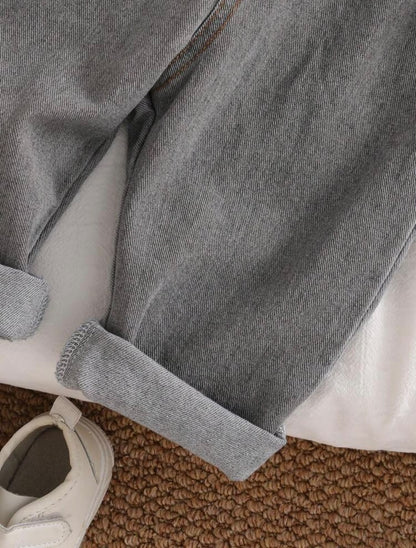 Striped Thermal Sweatshirt & Grey Denim Jumpsuit (2 pcs set)