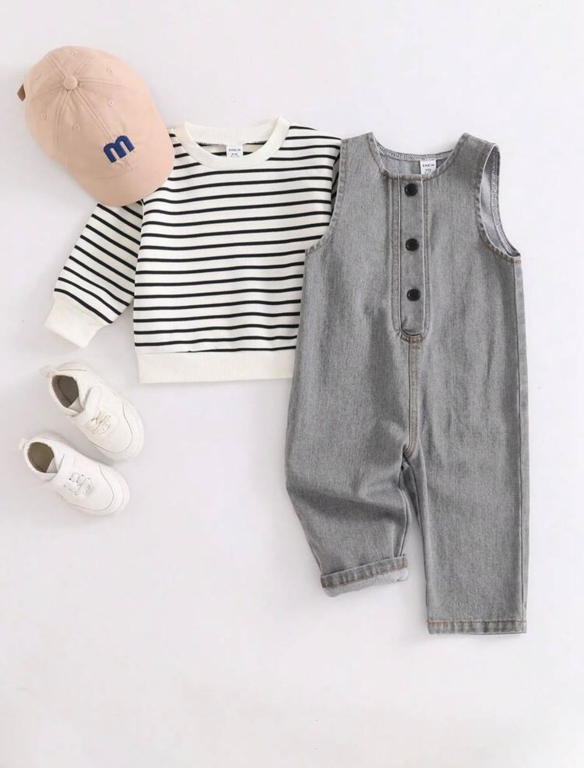 Striped Thermal Sweatshirt & Grey Denim Jumpsuit (2 pcs set)