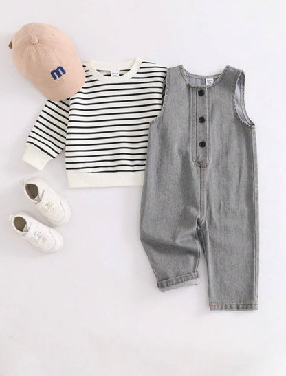 Striped Thermal Sweatshirt & Grey Denim Jumpsuit (2 pcs set)