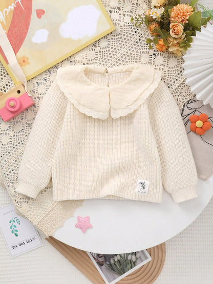 Cream Knit Sweater with Embroidered Lace Collar