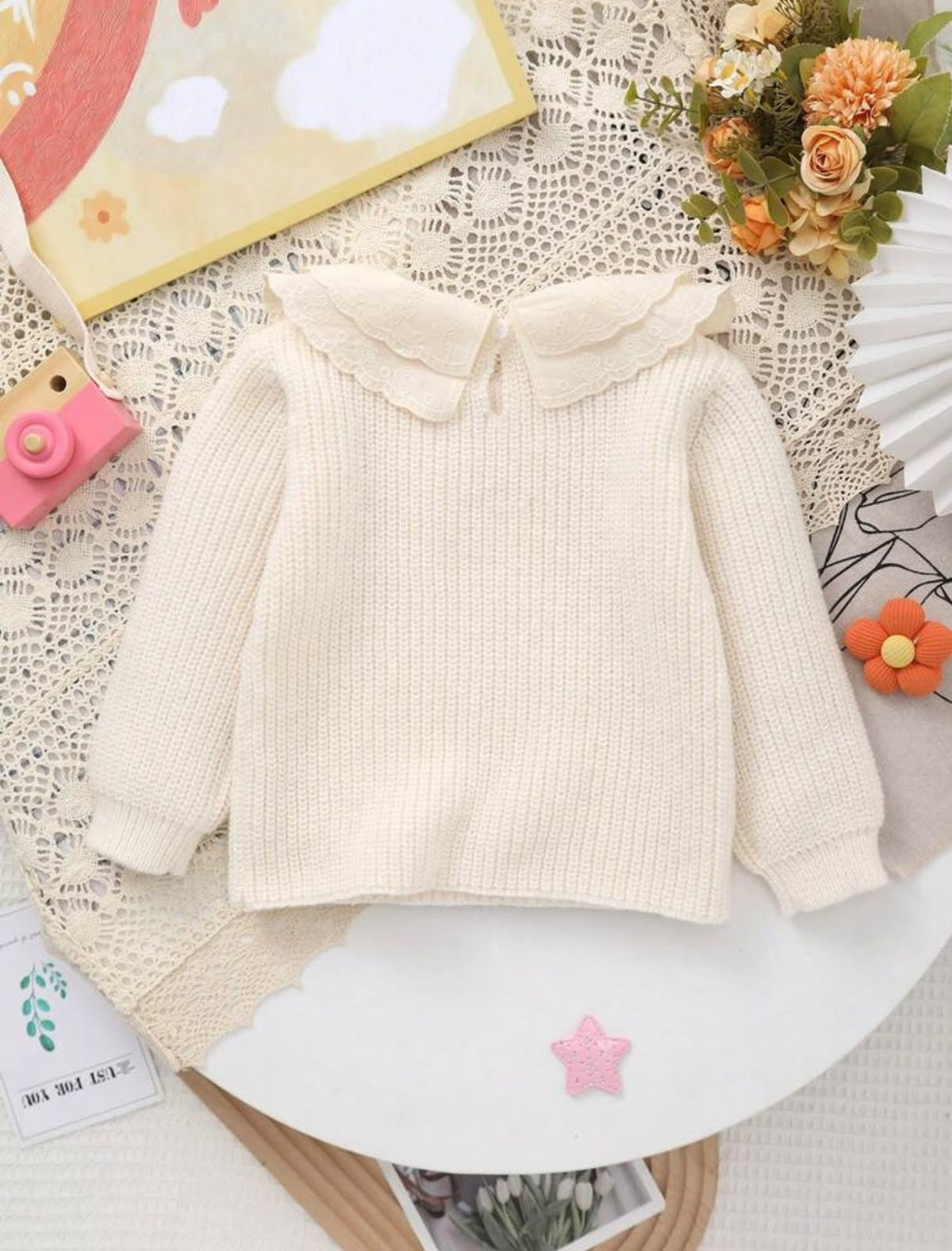 Cream Knit Sweater with Embroidered Lace Collar