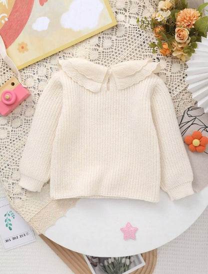 Cream Knit Sweater with Embroidered Lace Collar