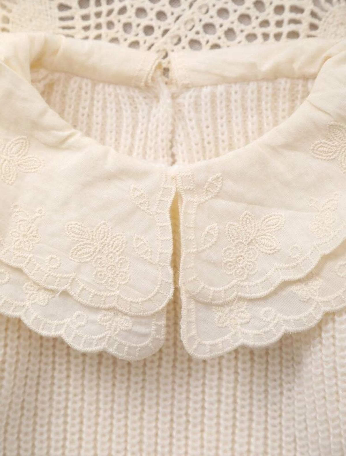Cream Knit Sweater with Embroidered Lace Collar