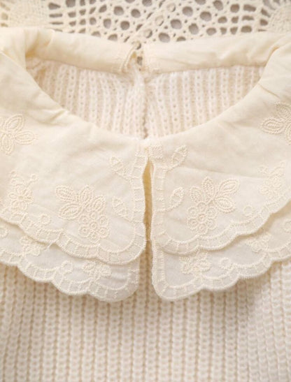 Cream Knit Sweater with Embroidered Lace Collar