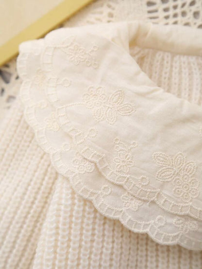Cream Knit Sweater with Embroidered Lace Collar