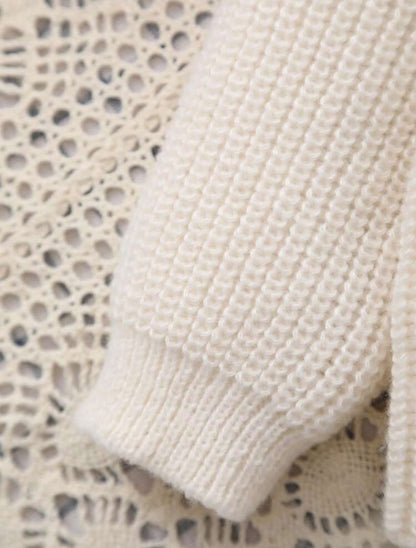 Cream Knit Sweater with Embroidered Lace Collar