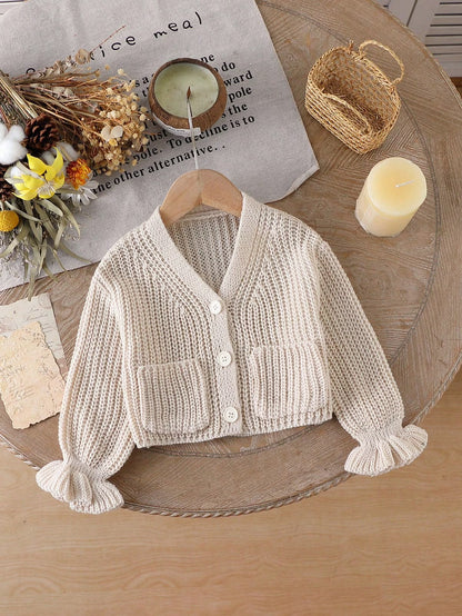 Cream V-Neck Knit Cardigan with Ruffle Cuffs