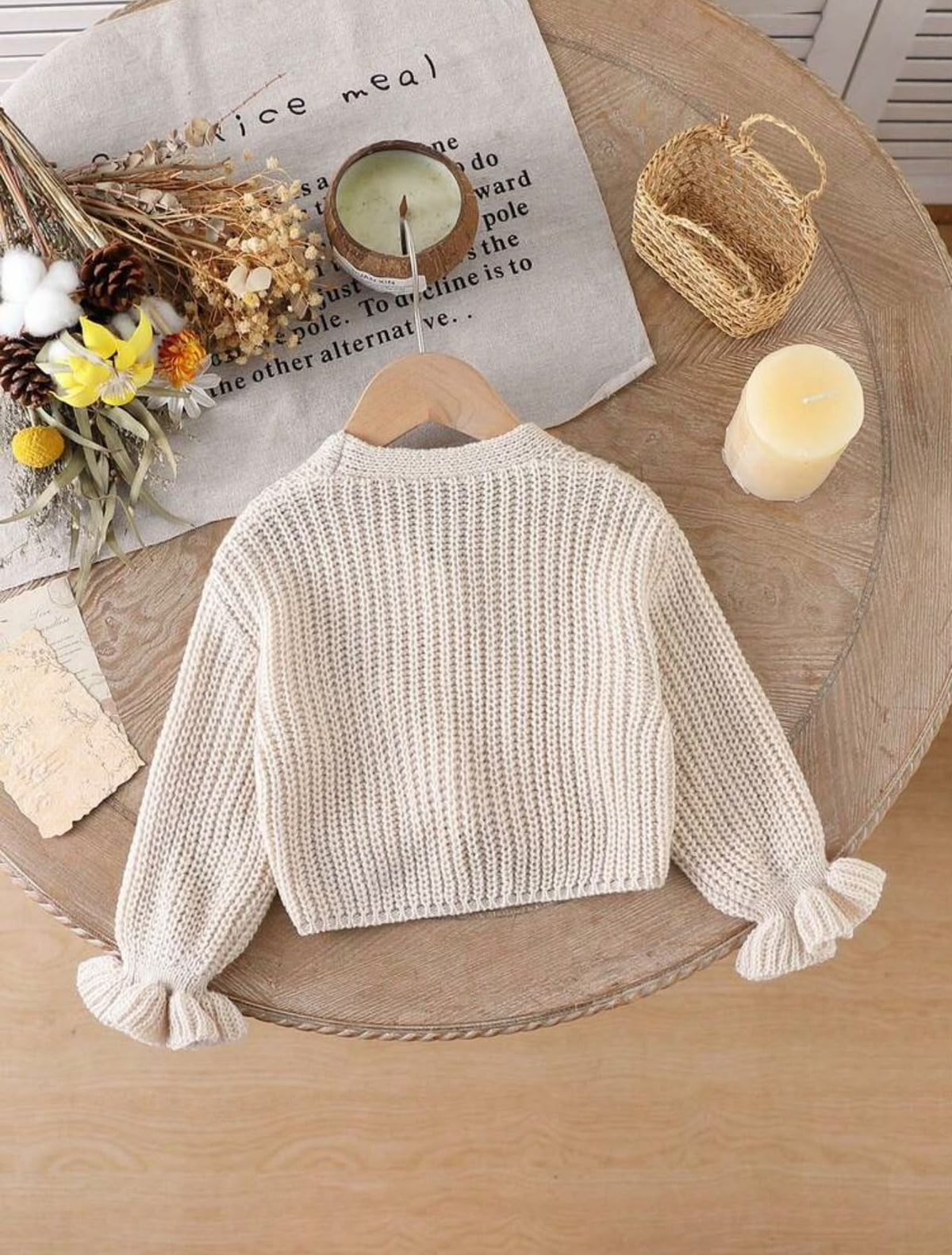 Cream V-Neck Knit Cardigan with Ruffle Cuffs