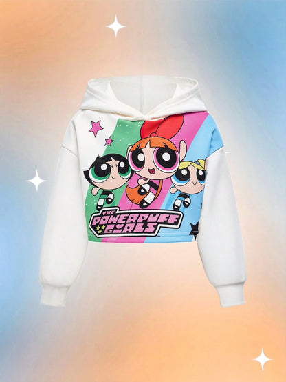 White Cropped Hoodie with Cartoon Graphic