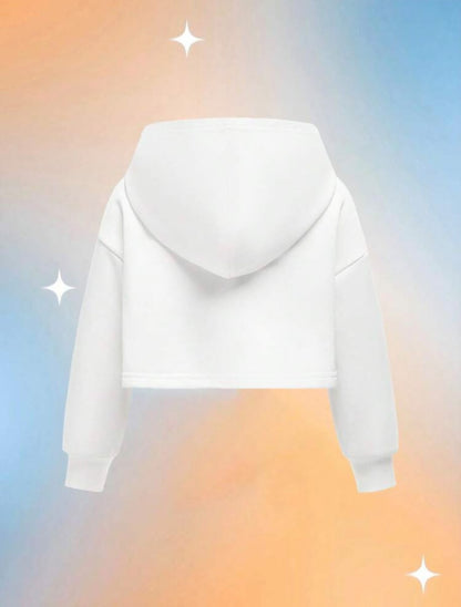 White Cropped Hoodie with Cartoon Graphic