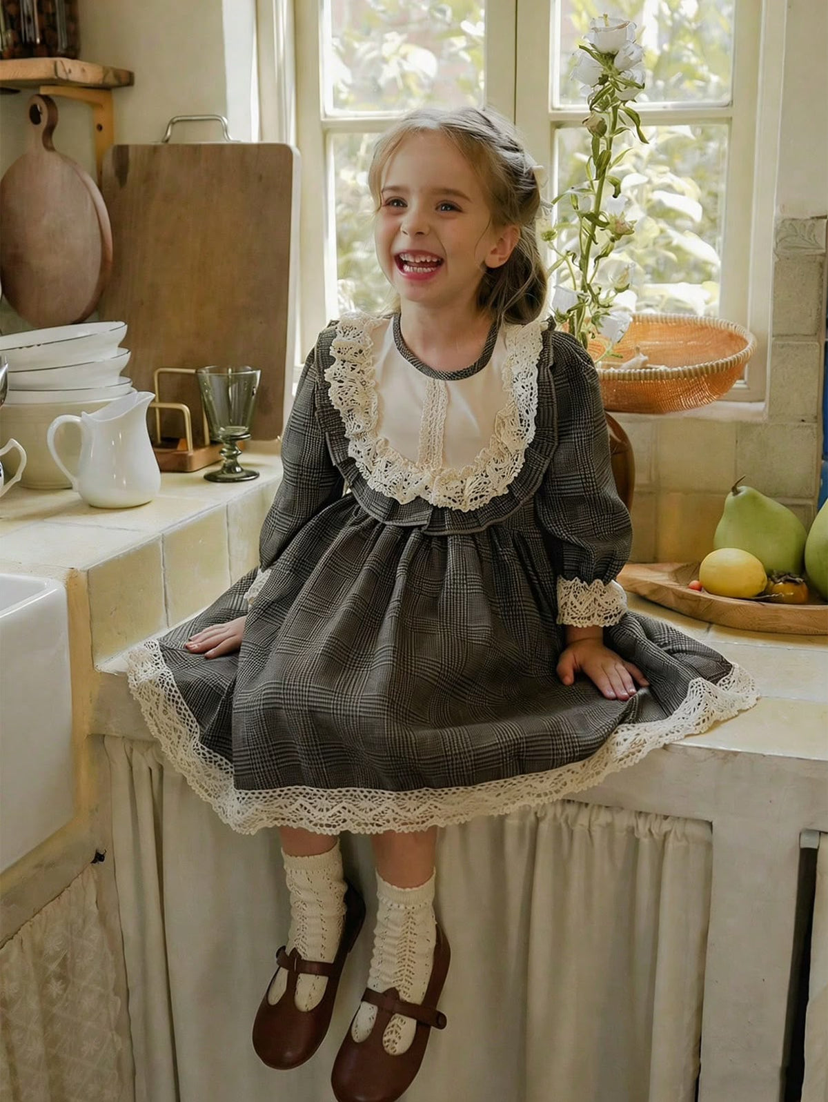 Grey Plaid Lace Trim Dress & Hat (2 pcs set)