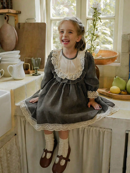Grey Plaid Lace Trim Dress & Hat (2 pcs set)