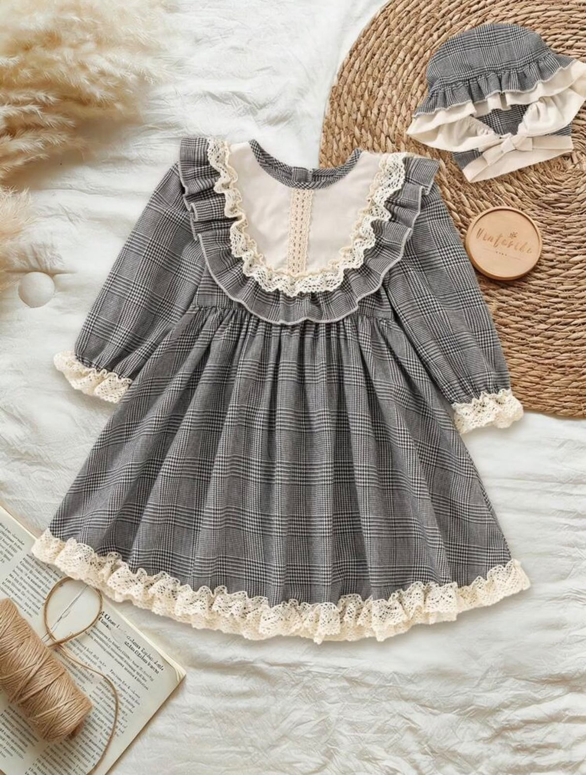 Grey Plaid Lace Trim Dress & Hat (2 pcs set)