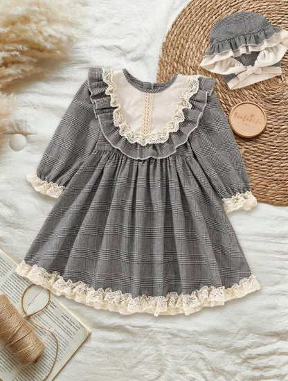 Grey Plaid Lace Trim Dress & Hat (2 pcs set)