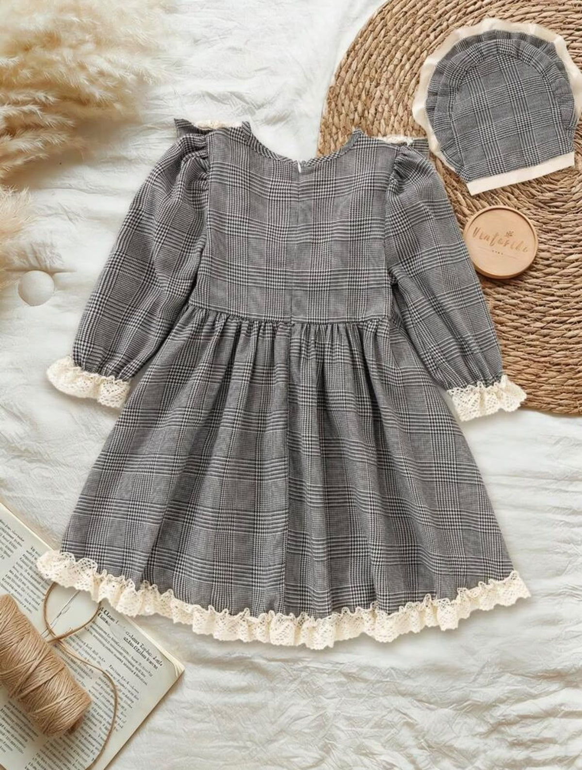 Grey Plaid Lace Trim Dress & Hat (2 pcs set)