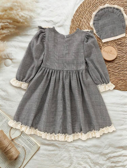 Grey Plaid Lace Trim Dress & Hat (2 pcs set)
