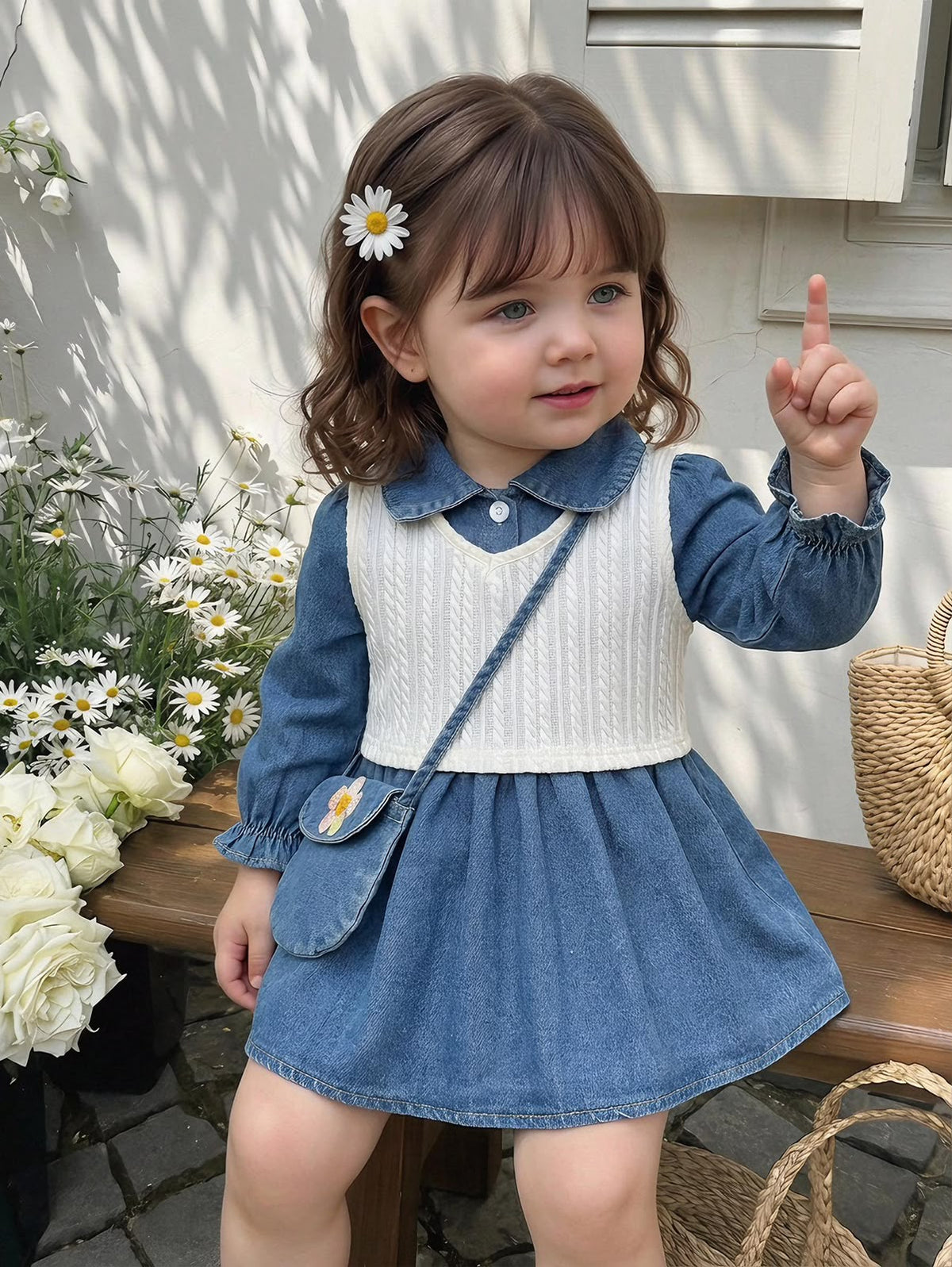 Denim Dress, Knit Vest & Mini Bag (3 pcs set)